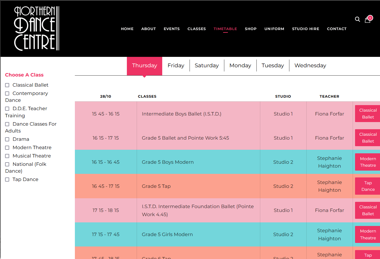 northern dance centre interactive time table website design